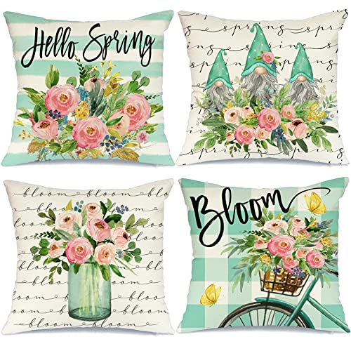 Image of Spring Pillow Covers 18x18 Set of 4 Farmhouse Spring Decor Bloom Floral Gnomes Spring Pillows Decorative Throw Pillows Spring Decorations A542-18