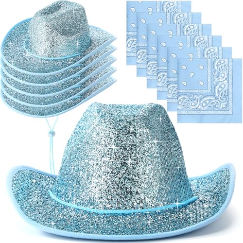 Image of Coume 12 Pcs Sparkly Adults Cowboy Hat and Bandanas Women Men Western Glitter Cowgirl Party Hats with Adjustable Drawstring