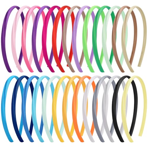 Fishdown 26 Pcs Satin Headbands for Girls DIY Craft Head Bands Hard Thin Headband Rubber Plastic Colorful Hairbands for Kids Teens Party Favors