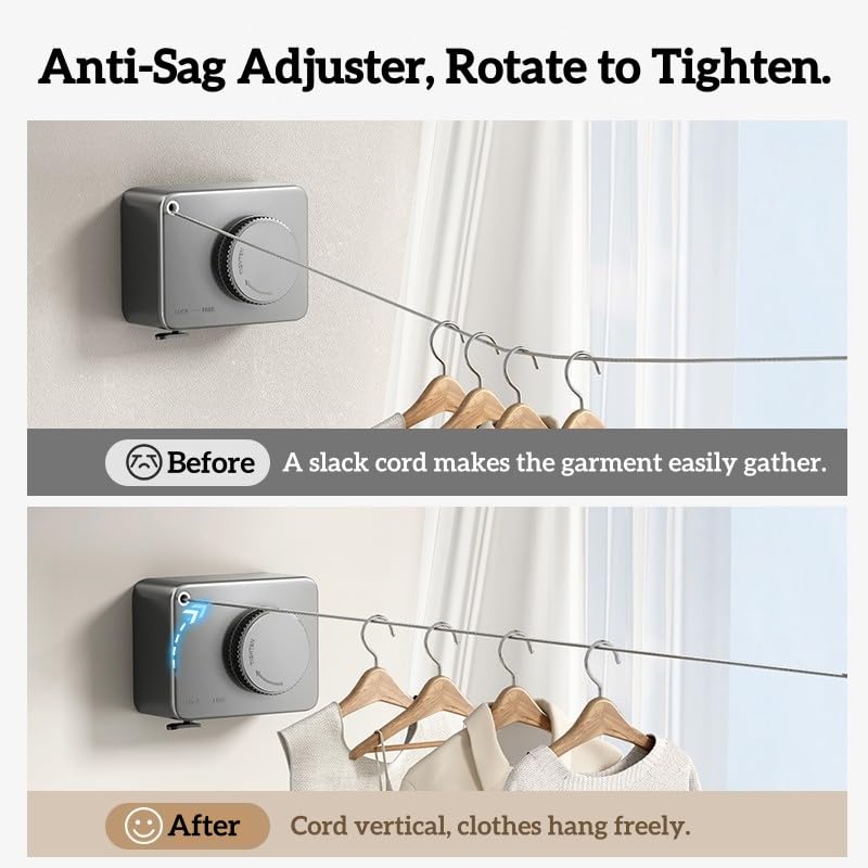 Image of Retractable Clothesline Indoor 15.1 Feet, Clothes Line Outdoors Holds 40lbs | Non-Sagging Clothes Line Outdoor, Wall Mounted Retractable Laundry Line for Travel, RV, Balcony (Grey)