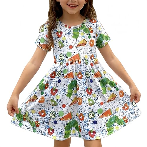 Toddler Little Girls Spring Summer The Very Hungry Caterpillar Baby Girl Short Sleeve Dress for 1-8 Years (6T) Green