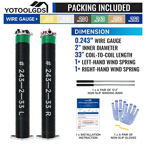 YoToolGDS Garage Door Torsion Spring Kit with Non-Slip Wrap Bars and Gloves, High Precision Electrophoresis, Oil Free, Black Coated for Replacement, Min 16,000 Cycles (1 x 5 x 83 cm), 2 Pack