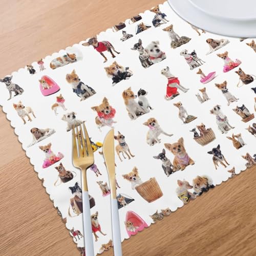 Charmante Tischsets mit Chihuahua-Mopsmuster, für Esstisch, hochtemperaturbeständig, rutschfeste Matten, leicht zu reinigen, 30 x 45 cm, 6 Stück