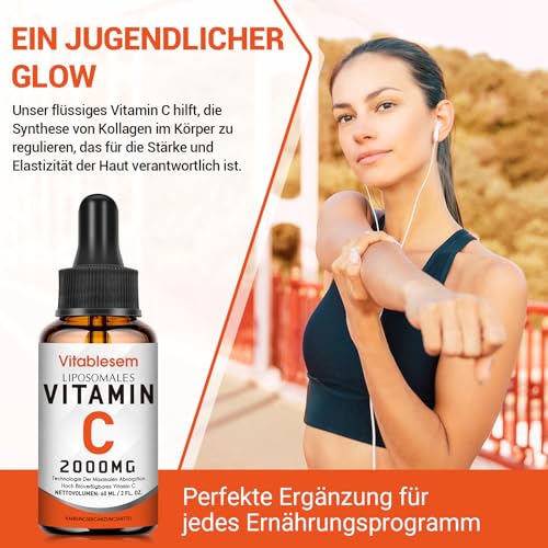 Liposomales Vitamin C Flüssig 2000 mg, 2 Flaschen, Hochdosiert Ascorbinsäure, Maximale Absorption Vit C Tropfen, Vegan