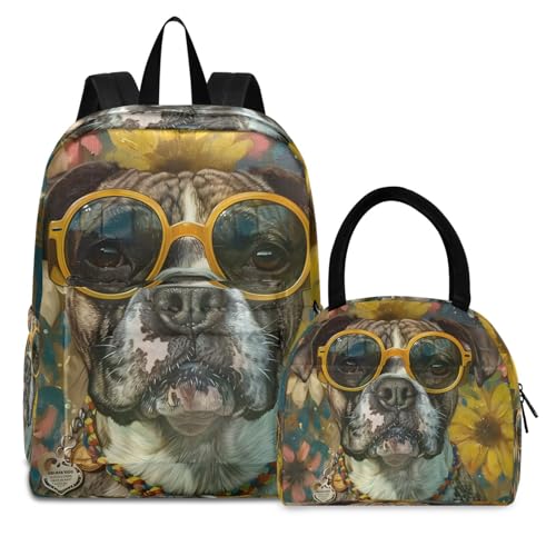 Hippie Dog Print Backpack Set with Lunch Bag, Large Capacity Travel Backpacks and Lunch Box Insulated for Commute Hiking Picnic