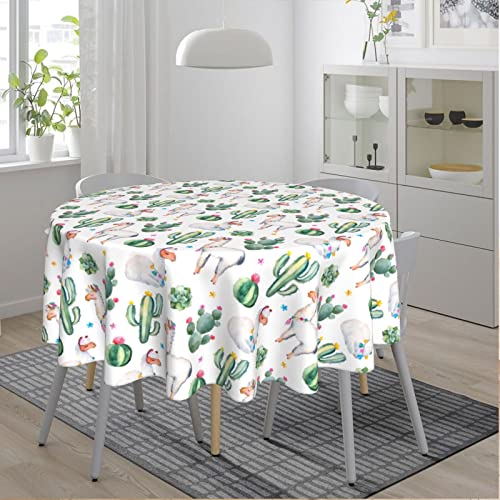 Cactus And Alpaca Llama Round Tablecloth 60" Waterproof Tablecover For Outdoor Patio Party Picnic Wedding Indoor Kitchen Dinner Tabletop Decoration #TOP3