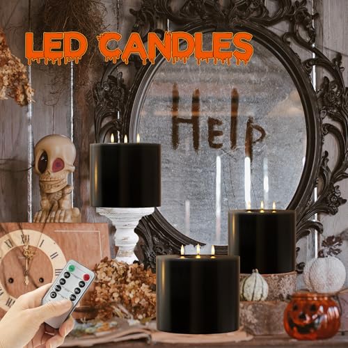 Image of Extra Large Black Flameless Candles with 3 Wicks, 6 inchx6 inch Real Wax Halloween Candles with Remote, Battery Operated Candle Flickering LED Candles Fake Candle for Halloween, Home, Party