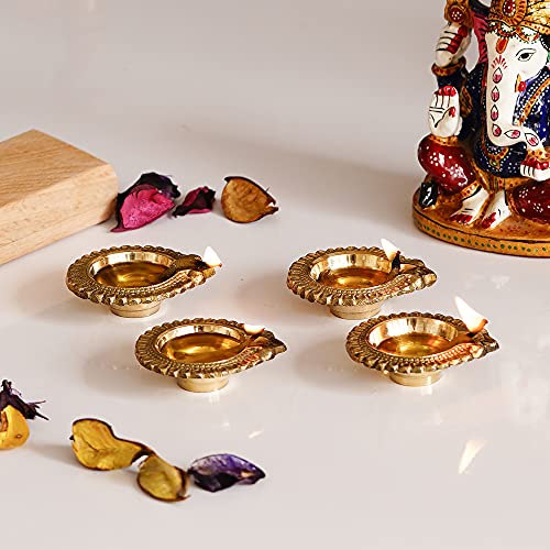 eCraftIndia Set of 4 Decorative Handcrafted Golden Brass Diyas - Ideal for Festivals, Home Decor, and Thoughtful Gifting - Diwali, Navratri