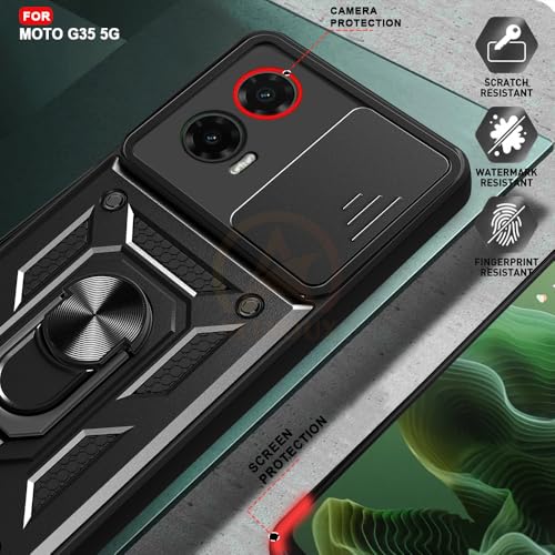 Image of Armor Bumper Back Cover Case for Motorola Moto G35 5G Rotating Camera Cover, Ring Holder & Kickstand | Heavy Duty & 360 Degree Protection Motorola Moto G35 5G Back Cover (Black)