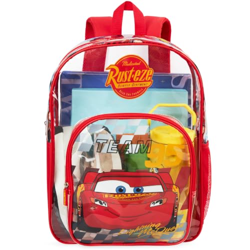 Get Trend Disney Cars Boys Clear Backpack for Stadium Events Lightning McQueen 17 inch Transparent School Bookbag See Through Travel Bag with Straps Gifts for Boys (Red Lightning McQueen)