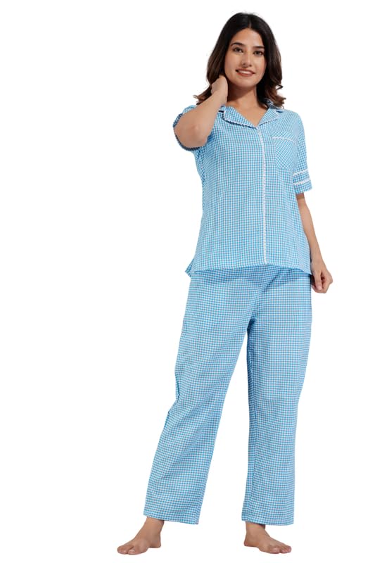 ameerah Women’s Checkered Cotton Night Suit Set | Half Sleeve Shirt with Lace Detail & Pyjama | Soft, Breathable & Stylish Co-ord Sleepwear for Women & Girls-picture-19