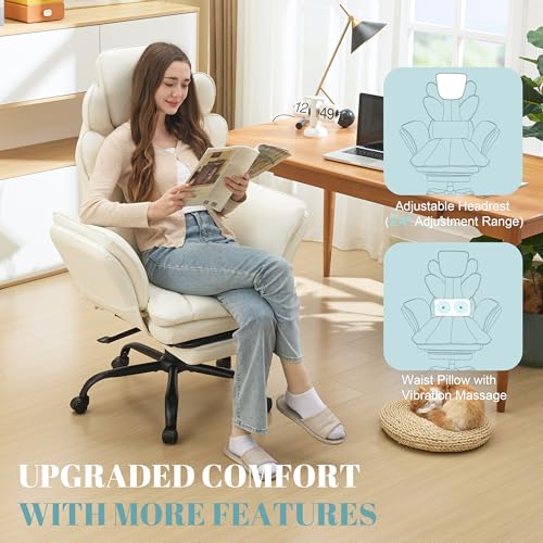 Image of Flip Armrests Criss Cross Office Chair, Reclining Office Chair with Foot Rest, Adjustable Headrest, Massage Waist Pillow, Cross Legged Big and Tall Desk Chair Wide Seat Vanity Chair, White PU Leather