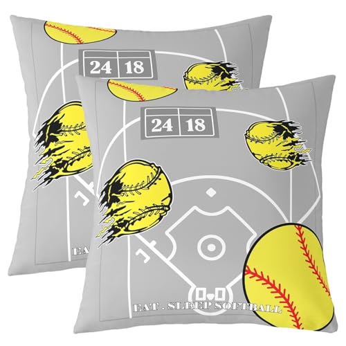 Homemissing Softball Decorative Throw Pillowcases 60x60cm Set of 2 Soft Eat Sleep Softball Throw Pillow Covers Ball Games Yellow Grey Pillow Case Cushion Cover Room Decorations Cushion Cases