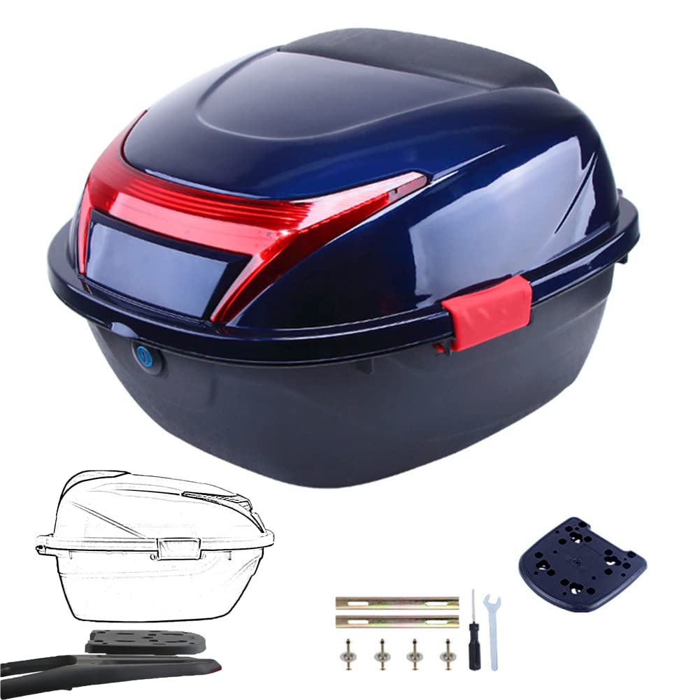 Baul Portacascos para Motos, Baúl Universal Moto Tour Tail Box Top, Baúl para Scooter con 2 Llaves,Azul,37x41x27cm