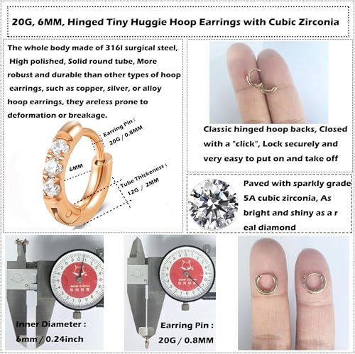 Image of Hypoallergenic Unisex Surgical Steel Small Cubic Zirconia Huggie Hoop Earring, Color Gold - Silver - Rose Gold - Black - Rainbow, Size 6mm- 12mm Safe for Sensitive Ear