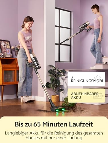 Ultenic Akku Staubsauger, 600W/55000Pa/ 65Min, Staubsauger Kabellos mit GreenEye Technologie, Teleskoprohr& Freistehend, 6 Schichten Filter, Anti-Verhedderungs-Bürste, for Tierhaare/Teppiche/Hartböden 3