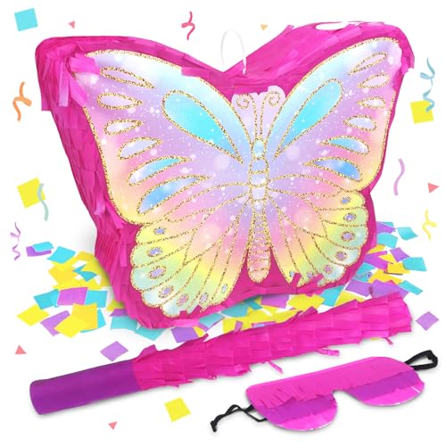 Butterfly Pinata for Birthday Party Supplies Colorful Butterfly Pinata with Stick and Blindfold Butterfly Themed Party Decoration, Small Pinata Party Supplies(16 x 12.6 x 4.2 In)