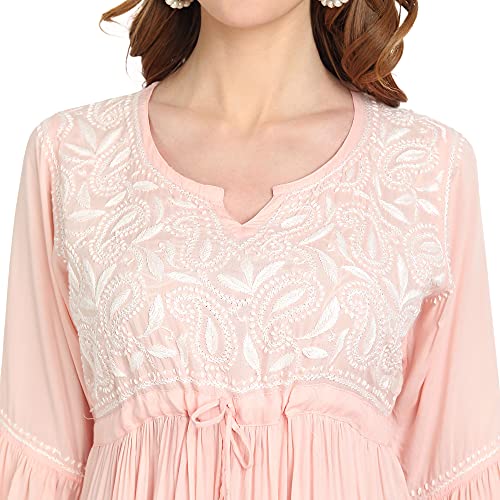 Image of indiankala4u Lucknow Chikankari Hand Embroidered Fit and Flared Top, Short Kurti for Women, Modal Cotton