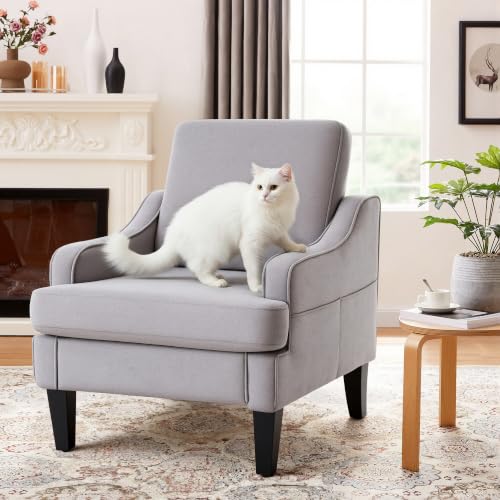 Image of Mid-Century Accent Chair, Comfy Arm Chair Upholstered Living Room Chair for Bedroom, Fabric Reading Chair with Wood Legs for Apartment, Waiting Room, Vanity Room (Gray)