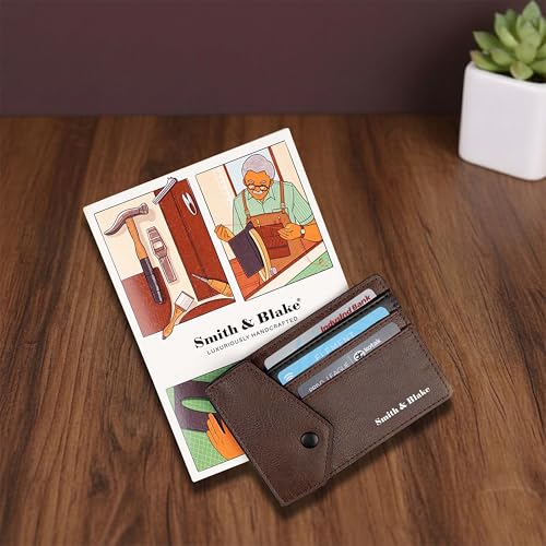 Image of Smith & Blake - Credit Card Holder Wallet for Men and Women - 3 ATM Card Slots - Snap Button Pocket - Back Pocket - Brown Premium Leatherette - Prospero