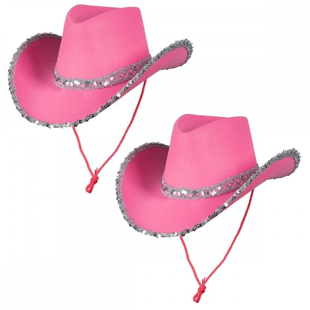 2 Pack Cowgirl Hats (Multiple Options) : Adult Ladies Womens Western Wild West Hen Night Music Festival Barn Dance Rodeo Fancy Dress Cowboy Costume Accessories (Sequin, Hot Pink,Hot Pink)