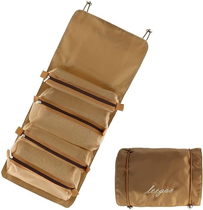 SANWALSA Nylon (Brown) 4-in-1 Hanging Roll Up Makeup Pouch Kit, Folding Travel Toiletry Bag with Compartments, Detachable Pouch Cosmetic Organizer