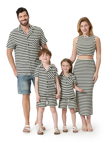 Image of PATPAT Family Matching Summer Outfits, Ribbed Knit Striped Women Skirt Set, Men Button Down Shirt and Kids Outfits