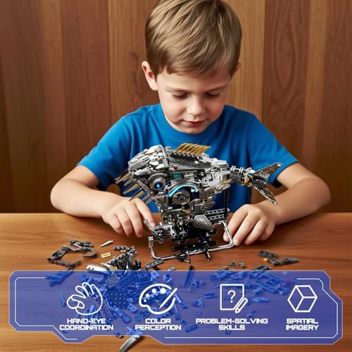 Image of SKY LINE OCEAN Mechanical Piranha Building Block Kit, 1085+ PCS Hand-Crank Gear Driven Motion Model, Multi-Joint Mechanical Fish STEM Construction Set for Teens & Adults, 5-Year Structural Warranty