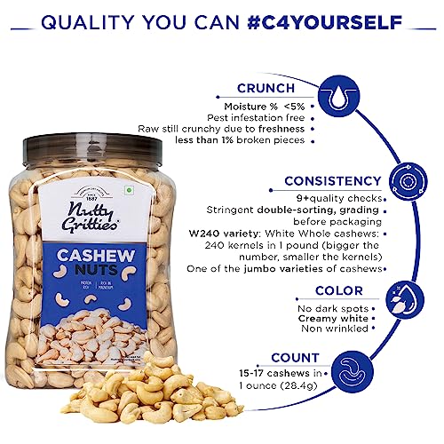 Image of Nutty Gritties Premium Jumbo Size Cashews 1Kg | W240 Grade | Rich in Protein | Crunchy & Fresh | Resealable Jar | Healthy Snack