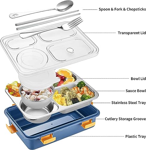 Image of Storescent Lunch Box with Compartment, Leak-Proof BPA Free Stainless Steel for School, Lunch Box for School & Office with a Fork, a Spoon and a Pair of Chopsticks (Blue, 4 Compartment)