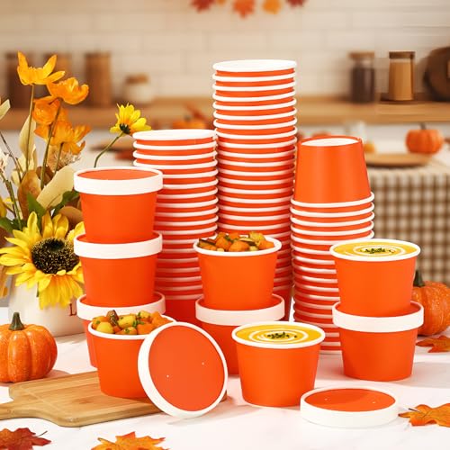 Image of Fulmoon 8 oz 100 Pack Paper Containers with Lids Soup Bowl Cup, Orange | Disposable Ice Cream Cup, Kraft Food Containers with Vented Lid Stackable for Hot Soup Dessert Cake Fruit Microwave Takeout