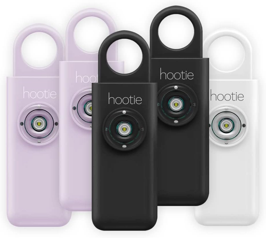Hootie Personal Keychain Alarm for Women, Men, and Kids Protection - Hand Held Safety Siren, Lavender, Black, and White (5 Pack)