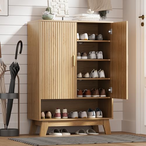 Image of Shoe Cabinet Storage for Entryway with Doors, 5 Tier Fluted Shoe Organizer with Adjustable Shelves, Entryway Shoe Storage with Wooden Legs, Freestanding Hidden Shoe Rack for Front Door Entrance, Oak