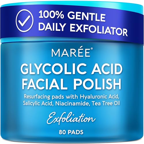 Image of MAREE Glycolic Acid Pads - Toner Pads for Face Cleansing - Exfoliating Pad with Tea Tree Oil, Salicylic Acid & Vitamins E, B3, B5 - Acne Clearing, Skin Pore Resurfacing & Radiance Device - 80 Count