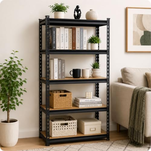 Image of TEKCOOL 5-Shelf Adjustable Boltless Metal Shelving Unit /60 x 24 x 12 Inch Metal Storage Rack with Wooden Planks /Standing Shelf Unit for Home /Garage /Office & Shop /Utility Display Rack (Black);