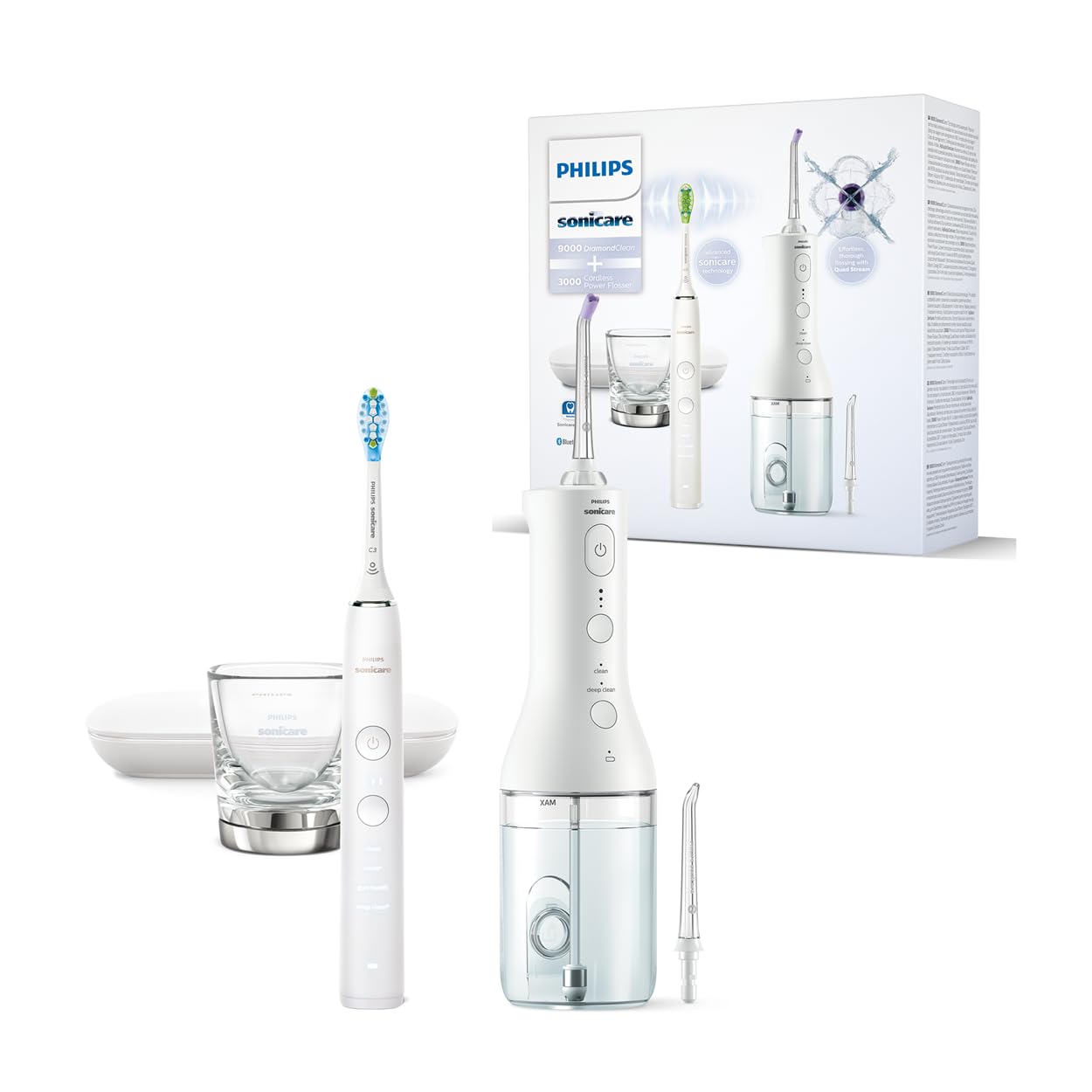 Philips Sonicare Jet dentaire sans fil Power Flosser 3000 et brosse à dents électrique DiamondClean 9000 - Nettoie les dents et les gencives et élimine la plaque dentaire, blanc (modèle HX3886/​41)