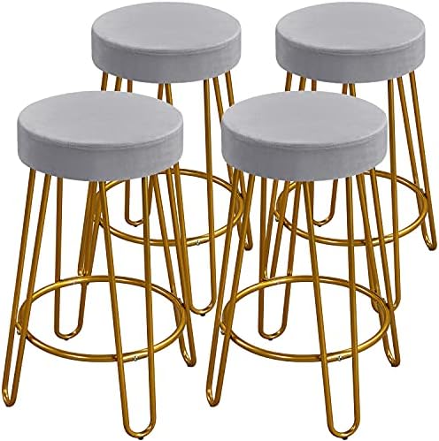 Yaheetech Round Kitchen Counter Stool Home Bar Height Stools with Golden Hairpin Legs Upholstered Velvet Seat for Kitchen/Dining Room Grey, Set of 4 (Package 2)