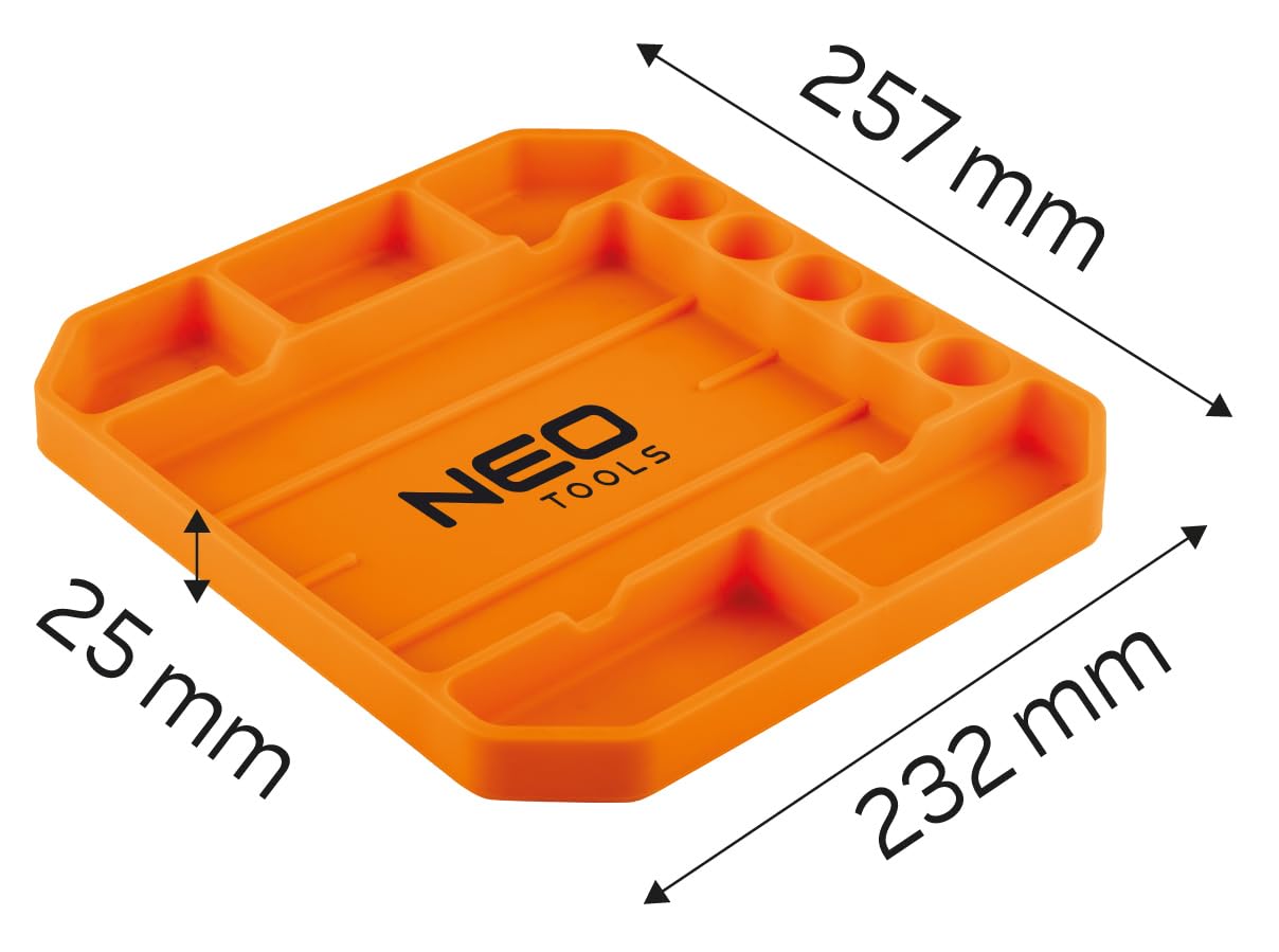NEO TOOLS Bandeja de herramientas de silicona, 25,7 x 23,2 x 2,5 cm, 6 compartimentos, 5 portabrocas, antideslizante, ligera, protege herramientas y equipos de taller, flexible, antideslizante