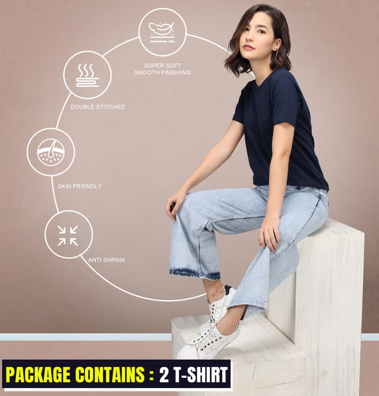 Image of Sleepynuts Women's S to 3XL Premium Half Sleeve Round Neck Plain Combed Cotton Tshirt Pack of 3 Loose Fit T-Shirts Combo