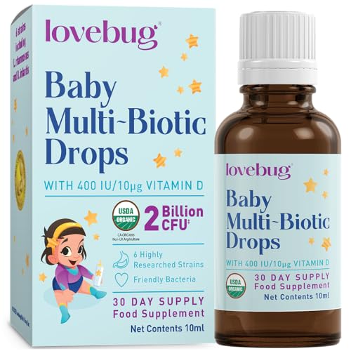 Lovebug Award Winning USDA Organic Multi Biotics for Infants & Babies | Multi-Strain 5 Billion CFU | Liquid Drops| with Added Vitamin D| | Ages 0-24 Months