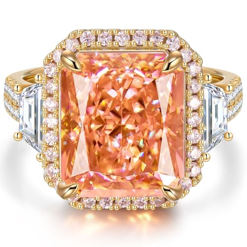 Moissa 8ct Lab Zircon Cocktail Ring 14K Gold Plated Silver Rings for Women Non Tarnish Radiant Cut Halo Ring for Engagement Anniversary Birthday Party Jewelry Gift for Wife Her - Peach Pink Padparadscha Sunset Glow Ring