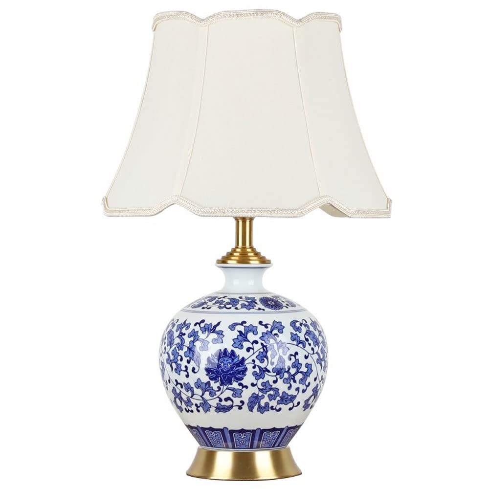asdchZen 22.4" Blue And White Ceramic/Metal Table Lamps Desk Lamp With Drum Shade Decor Jingdezhen Traditional Blue And White Bedside Nightstand Lamp Home Office-A,B