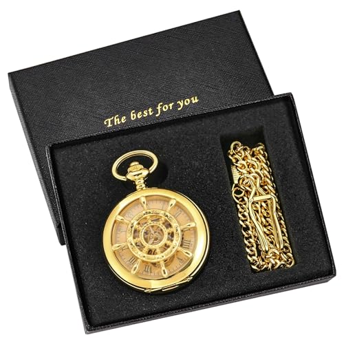 Image of Men's Mechanical Pocket Watch Black Rudder Pattern Double Open Hollow Roman Numerals Pocket Watch