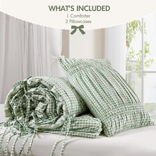 Image of Intelligent Design Ruched Shabby Chic Green Queen Comforter Set, 3pc | Girls Bedding Set, French Country, All Season Down Alternative, Cozy, Machine Washable, Lightweight, Breathable