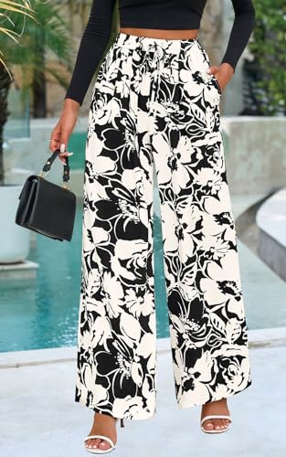 Image of PRETTYGARDEN Womens Pants Elastic Waist Floral Lightweight Palazzo Pants for Women Casual Lounge Wide Leg Pants Woman
