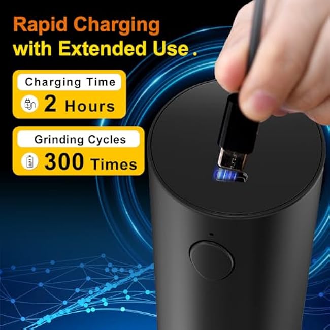 VGY Electric Salt and Pepper Grinder Set, 2 Pack Automatic Black Pepper Shakers with Dust Caps, Rechargeable Pepper Mills with LED Light, 5 Adjustable Coarseness Levels, 95ml-Washable Container