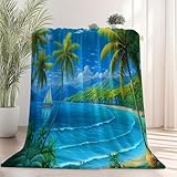 Nature Hills - Couverture en polaire sherpa moelleuse - Chaude et confortable - Pour canapé, lit, canapé, bureau - 100 x 130 cm - Motif océan et voilier