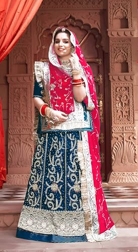 Image of Heavy Embroidery Work Semi Stitched Shimmer Silk Rajputi Poshak For Women Rajasthani Lehenga Choli