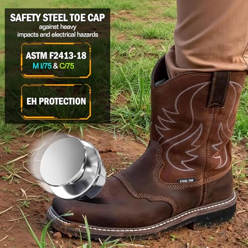 Image of Showave Steel Toe Cowboy Boots for Men Western Square Toe Work Boot Full-grain Leather Safety Boots with Hazard Protection for Construction Manufacture Farming