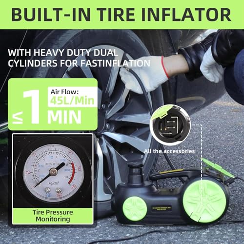 ROGTZ Upgraded Electric Car Jack Kit 5 Tons Floor Jacks Hydraulic and Tire Air Flator Lift Range: 5.9-20.8 Inch,Car Lifter for Vehicle Road Side Emergency Tire Repair Kit (Car Jack+Wrench, Green)